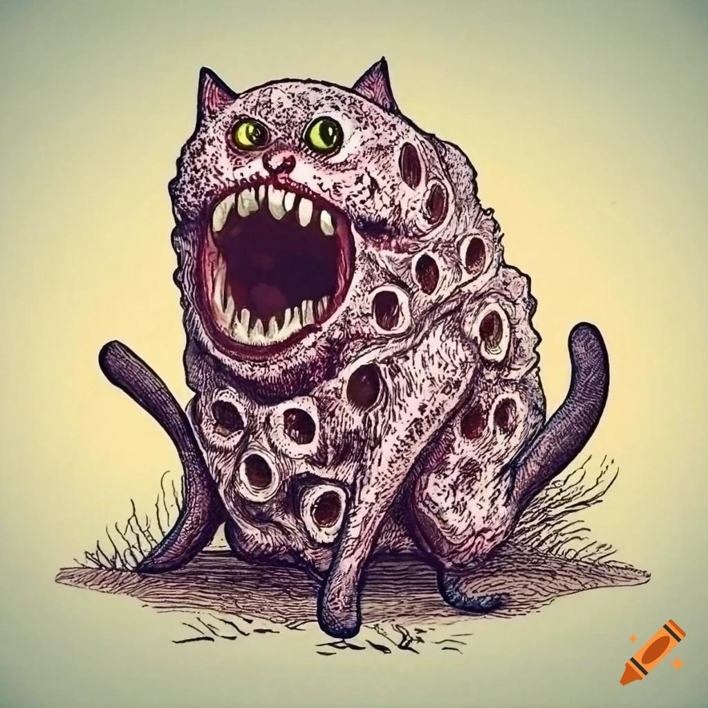 detailed etching of a cat-sponge hybrid with lamprey mouth