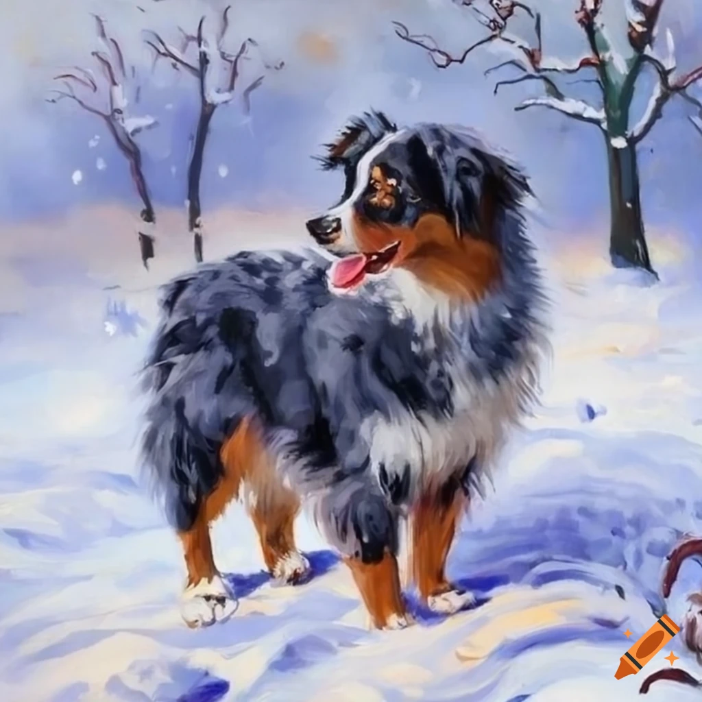Monet style painting of australian shepherd dog in snow on Craiyon