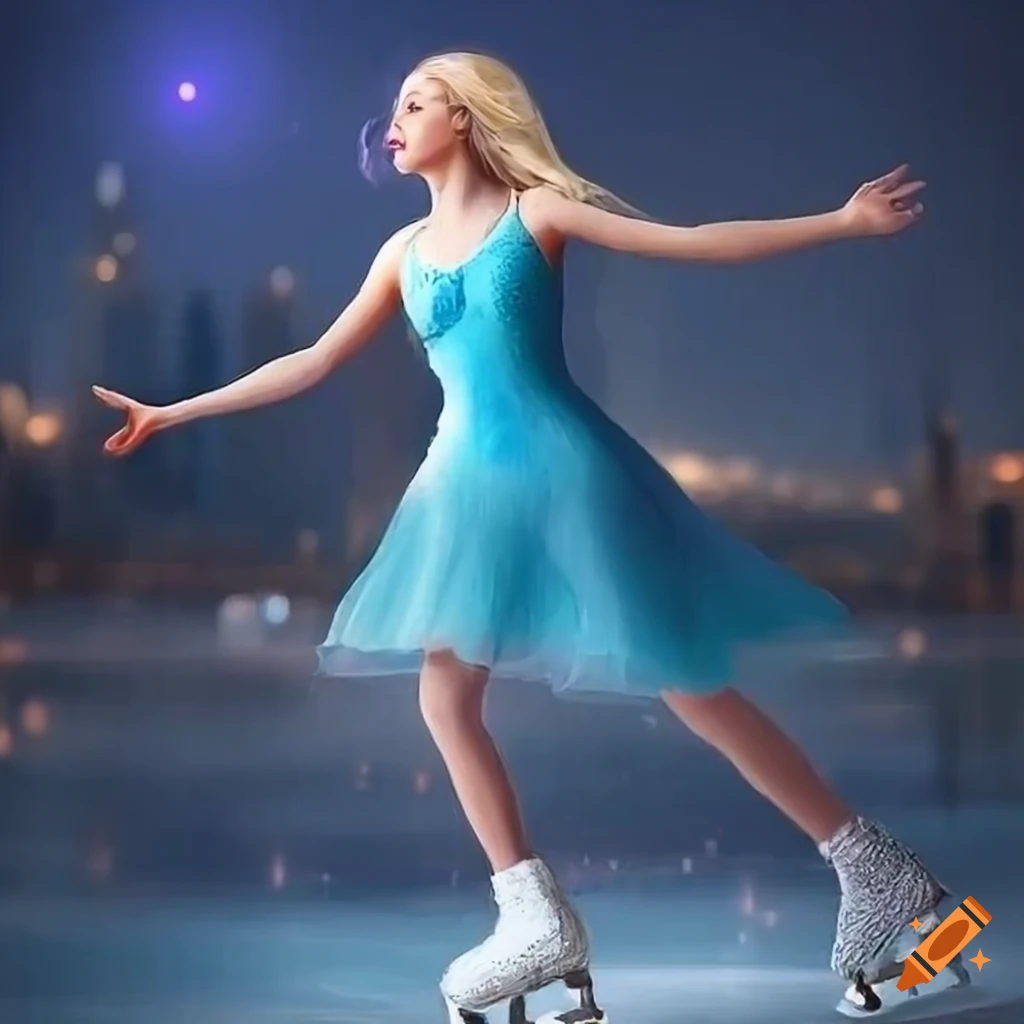 art of a blonde woman ice skating at night