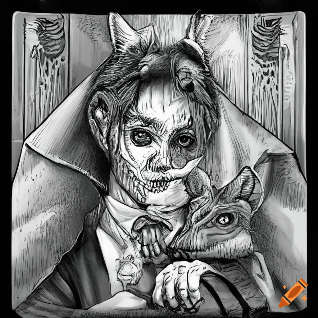 black and white sketch of an injured fox being cared by a doctor