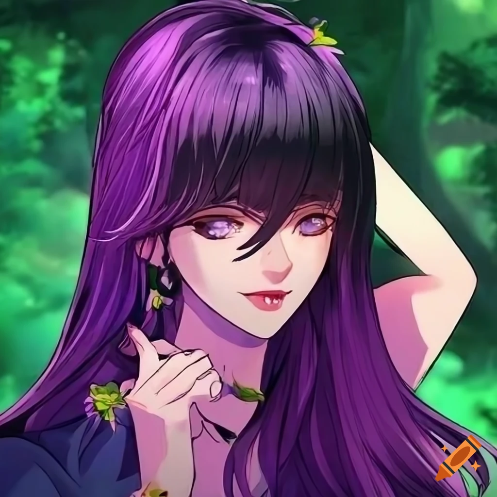 artistic illustration of a girl with black and purple hair in a rainforest
