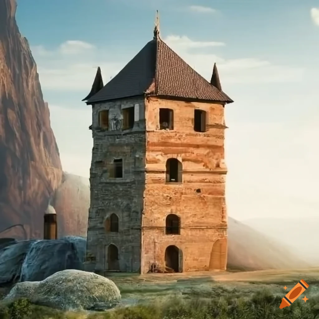 château avec une tour en pierre et une toiture en bois