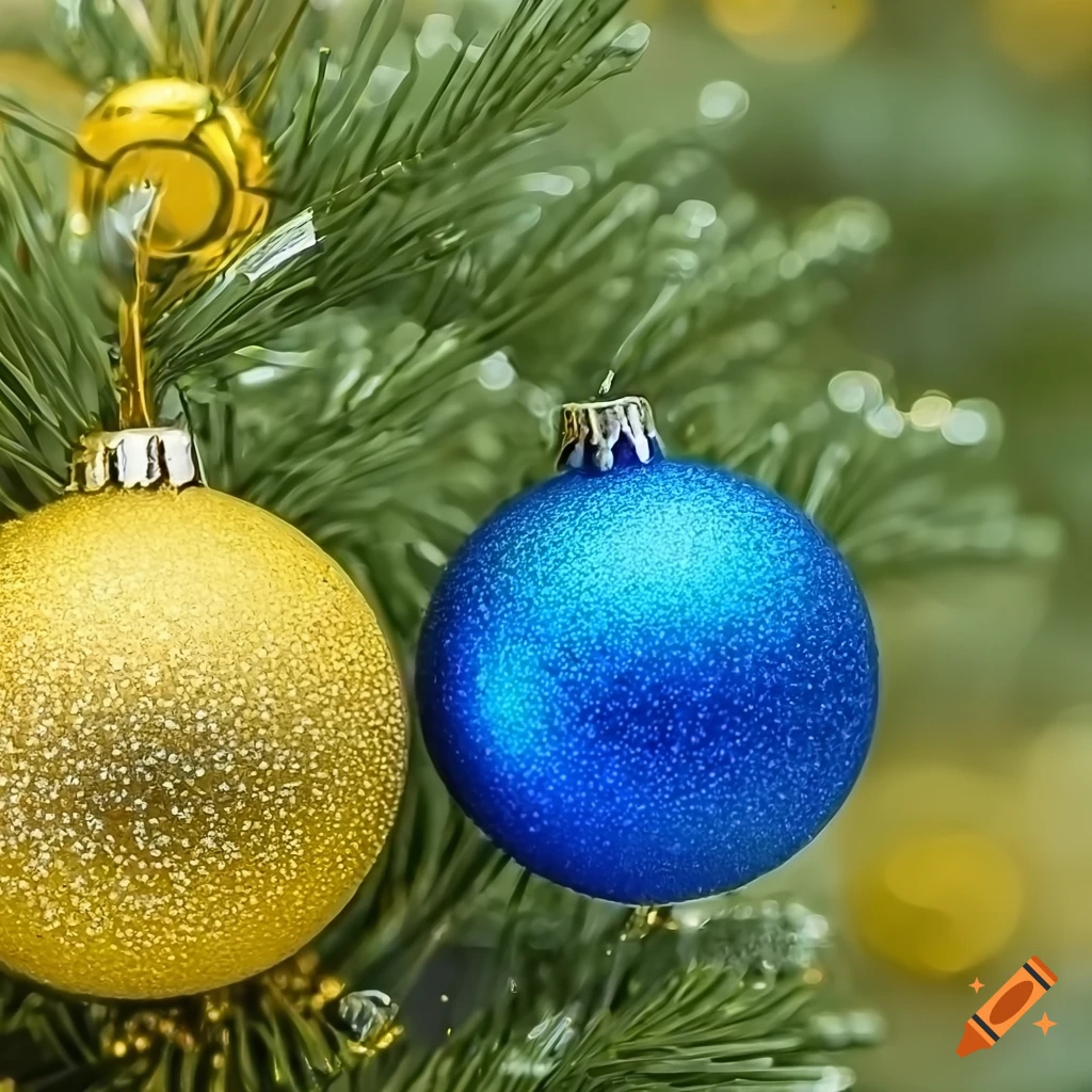 Close up of yellow and blue christmas tree balls