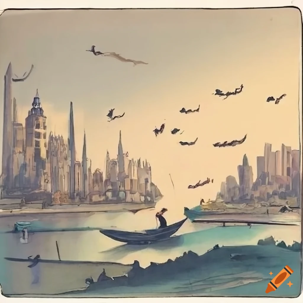 artwork of a city with a giant quill pen and ink river