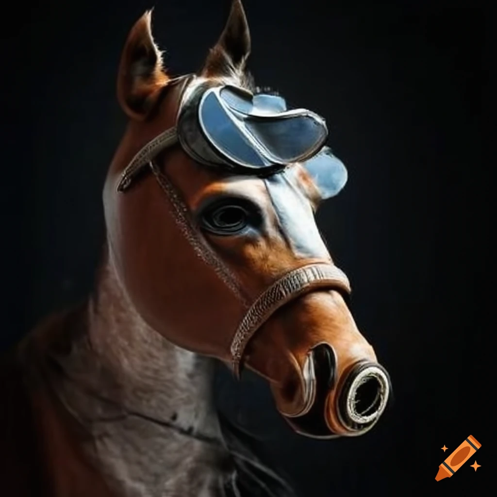 Conceptual art of a horse wearing a gas mask