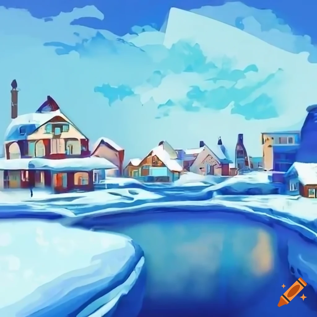 peaceful winter village with photovoltaic panels