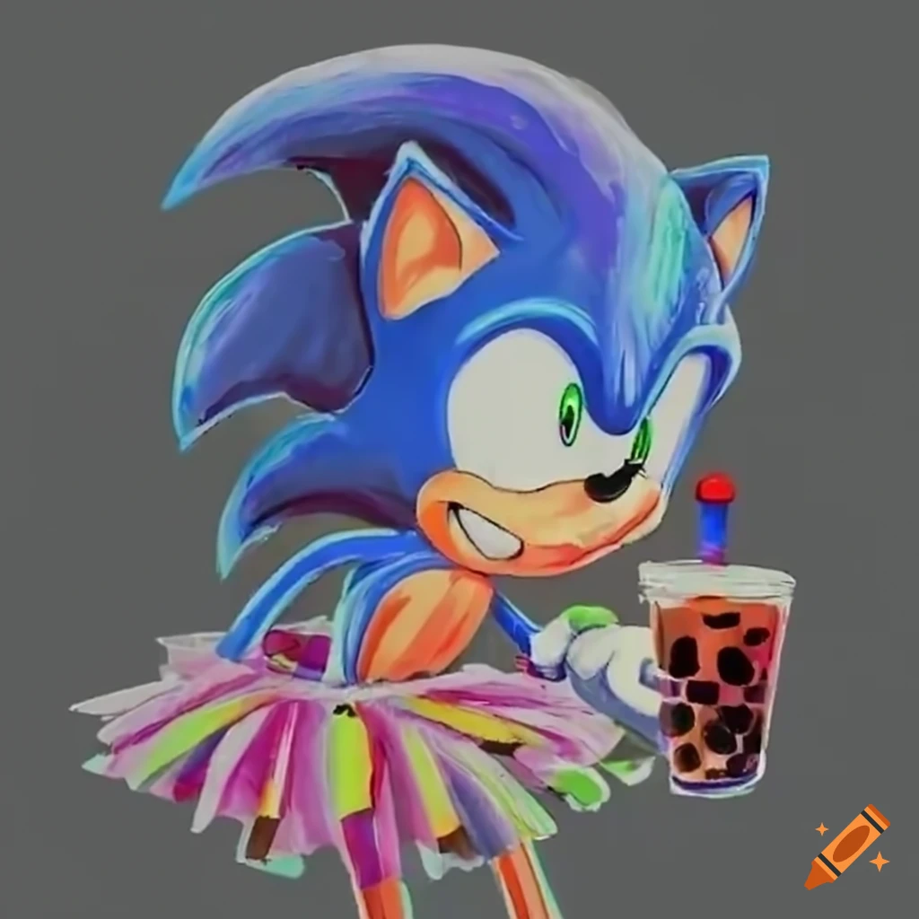 Sonic the hedgehog wearing a tutu and drinking boba tea on Craiyon