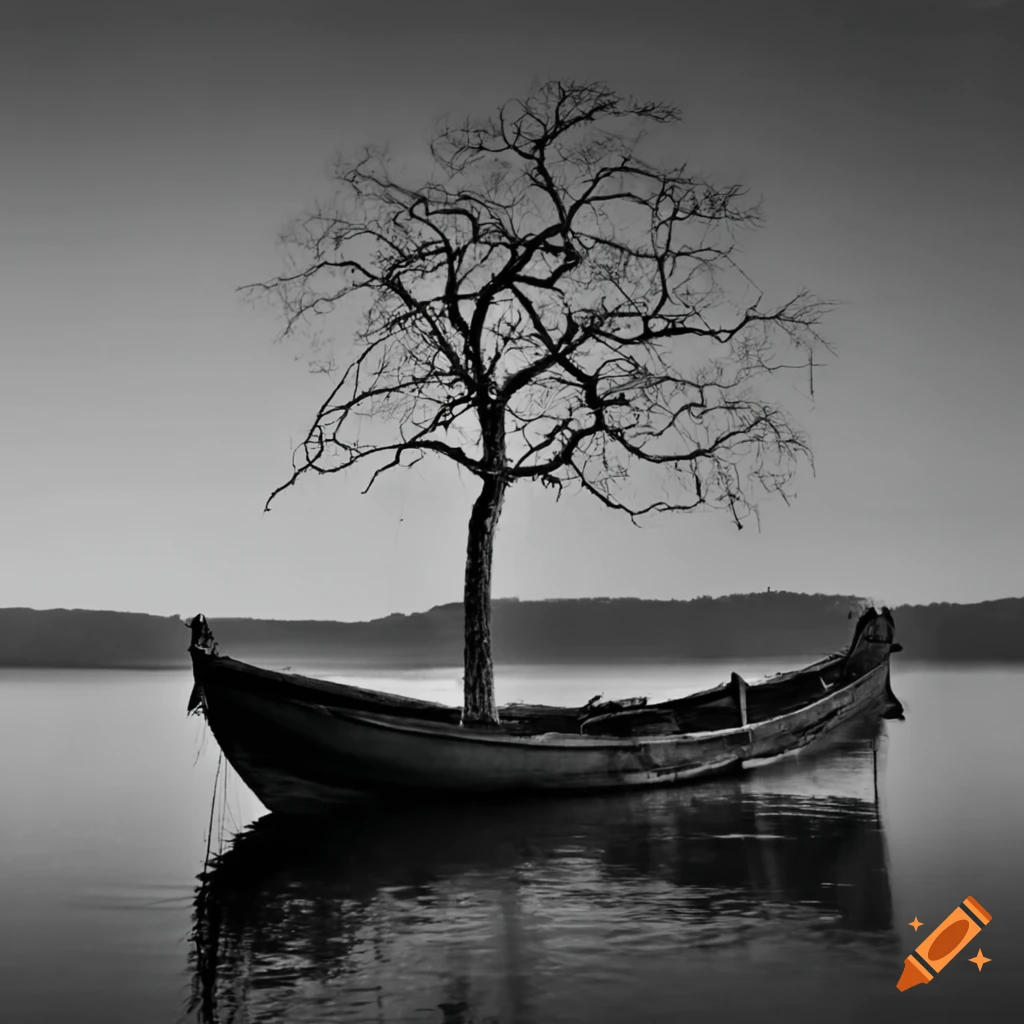 Black and white photograph of a tree standing by a boat