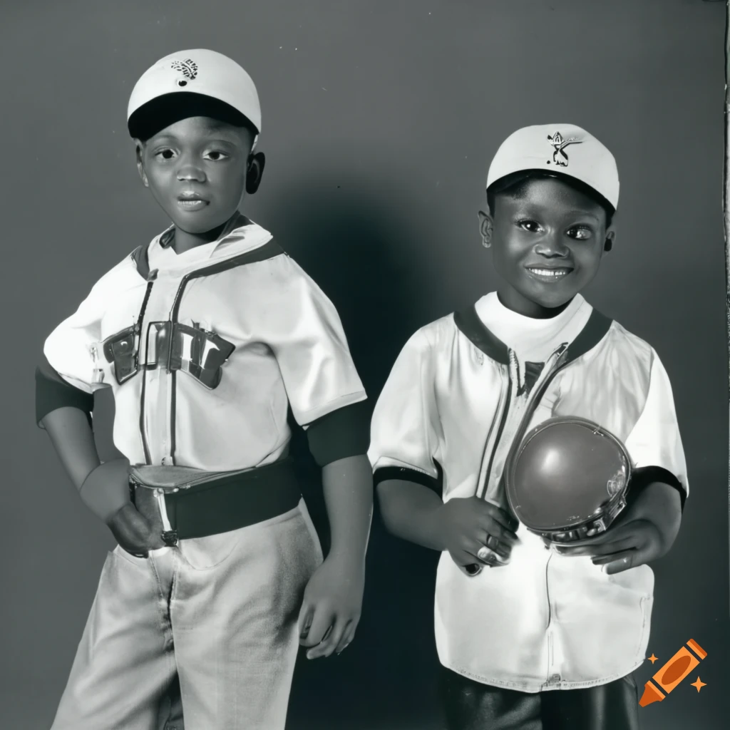 1950s vintage photograph of two young boys in baseball uniforms