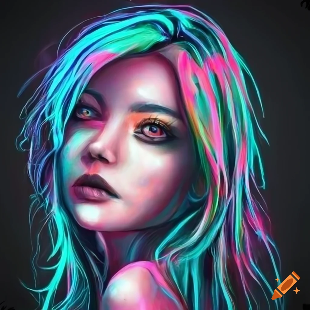 Neon woman drawing on black background