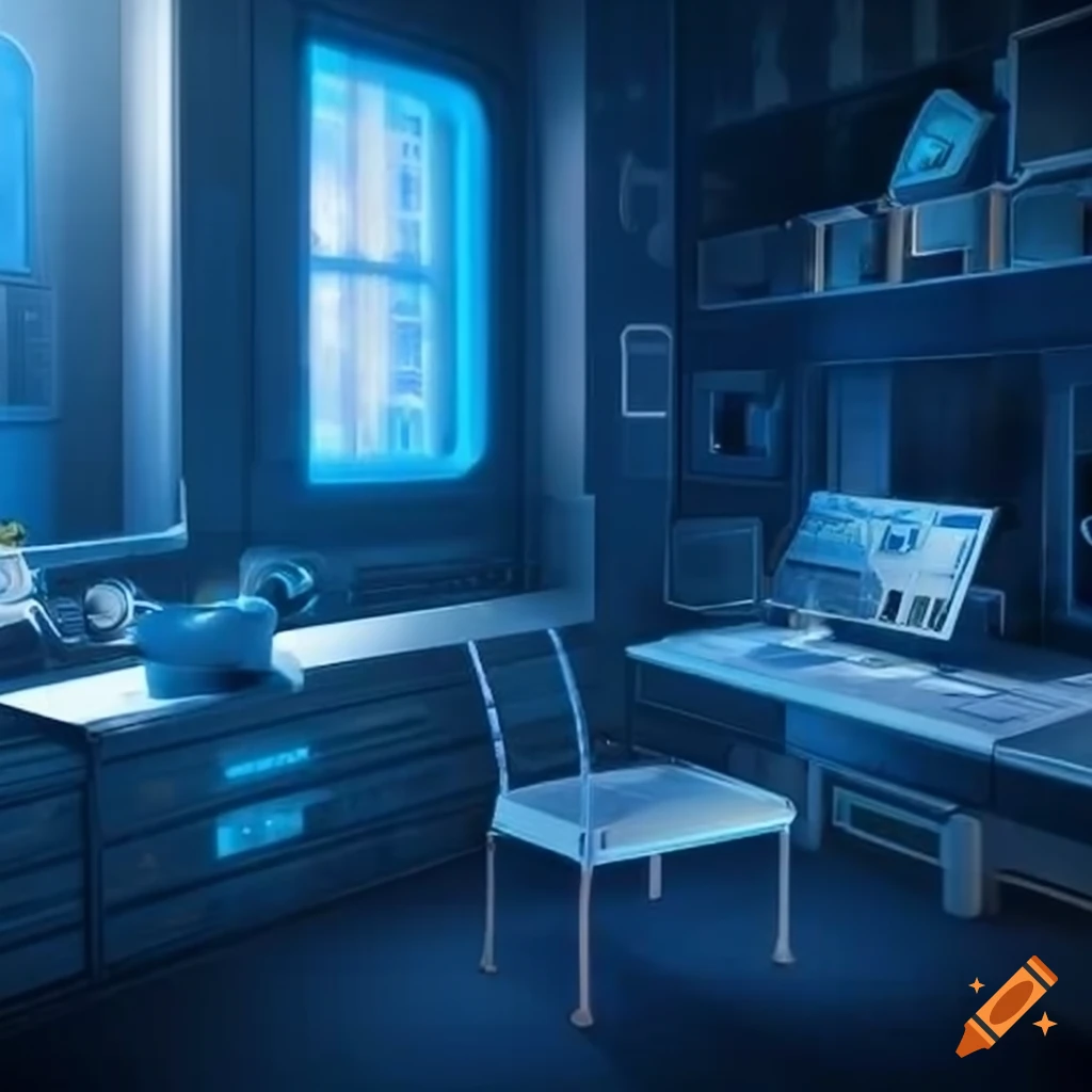 Blue accent in a futuristic study room on Craiyon