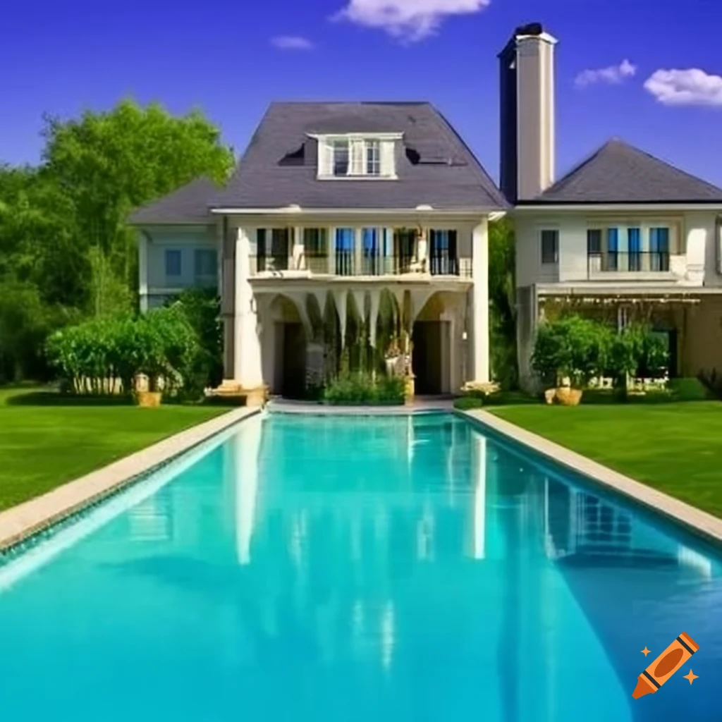 picture of a luxurious dream house with a pool and manicured lawn