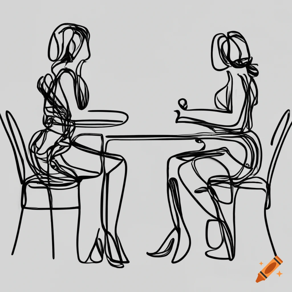 line drawing of two female podcasters having a conversation