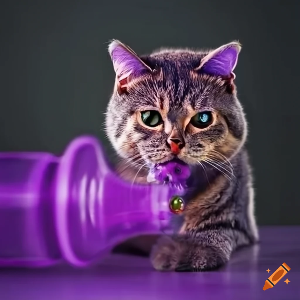 Cat wearing fur coat sipping purple drink