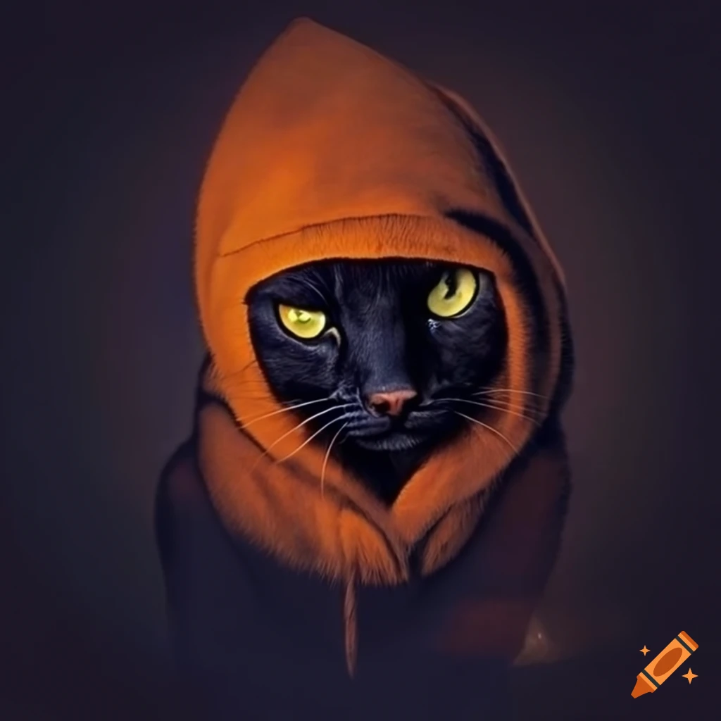 black cat wearing orange hoody at night