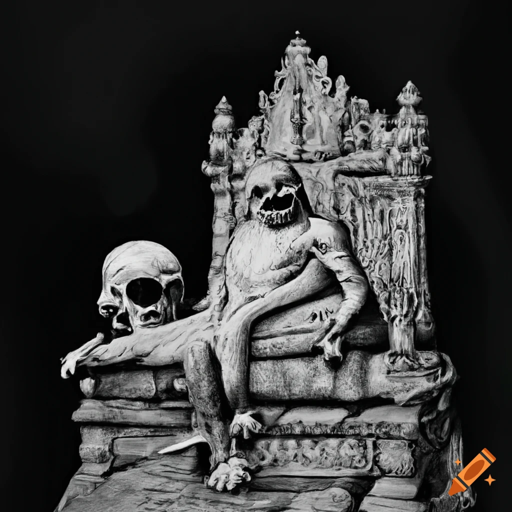 black and white illustration of a frog on a skull throne