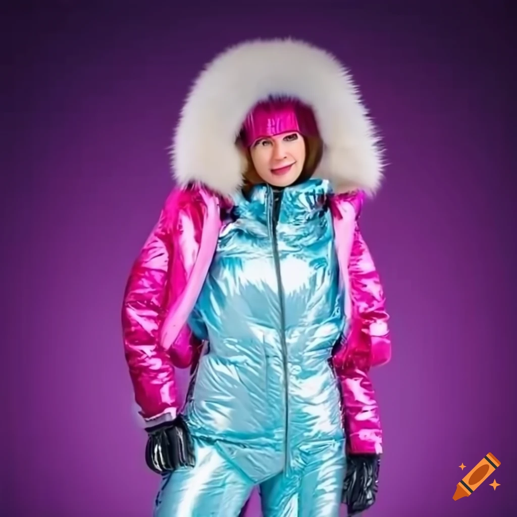 Woman skiing in pink ski suit with fur hood