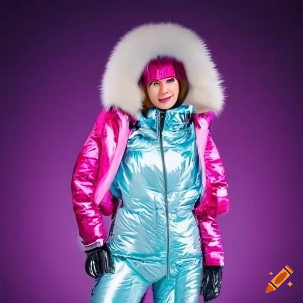 Woman skiing in pink ski suit with fur hood on Craiyon
