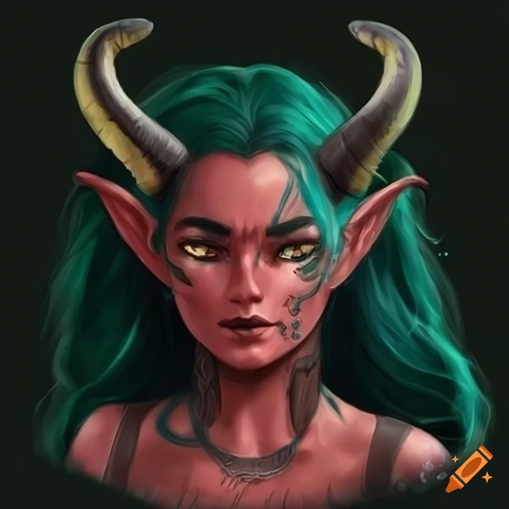 Image of a tiefling with green hair and ram horns