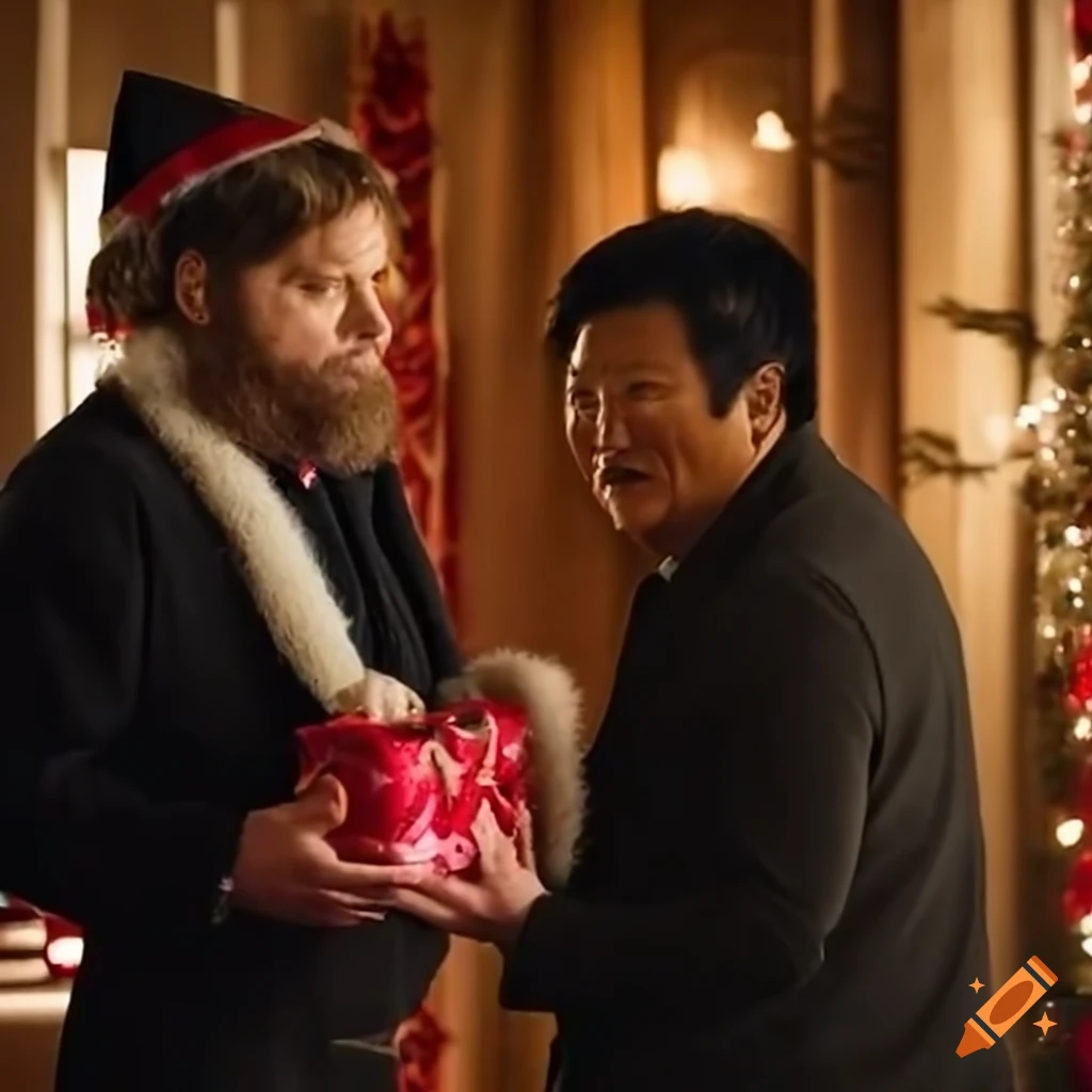 Zach galifianakis and benedict wong pulling a christmas cracker