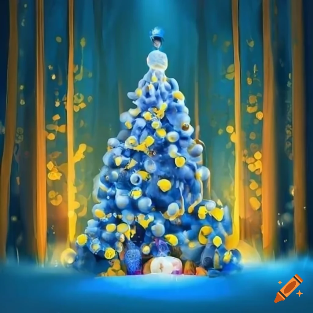 Christmas tree with blue and yellow decorations