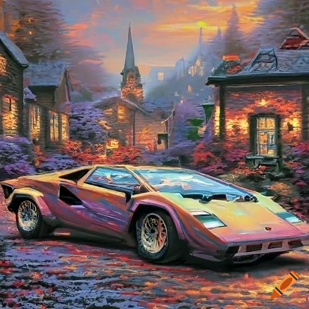 Painting of a lamborghini countach by thomas kinkade on Craiyon