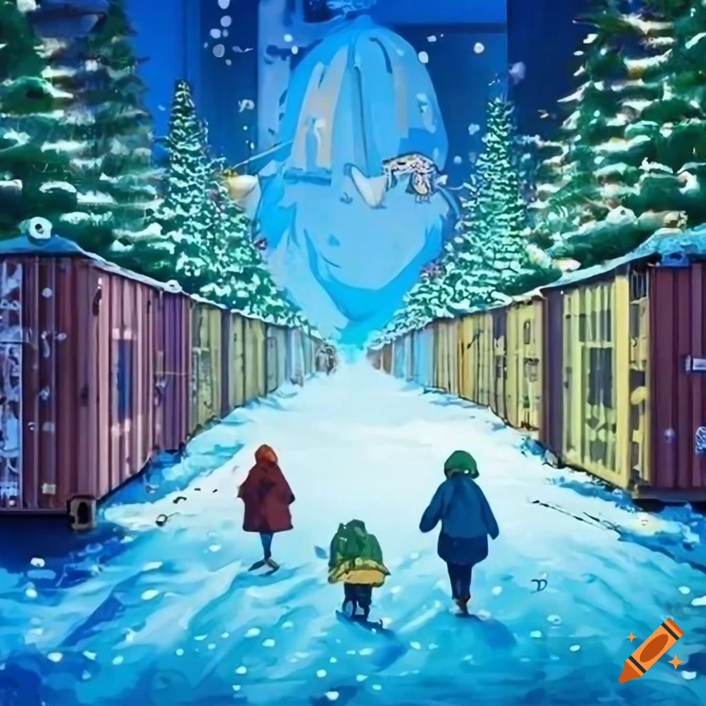 Studio Ghibli film poster of a Christmas market in Antarctica