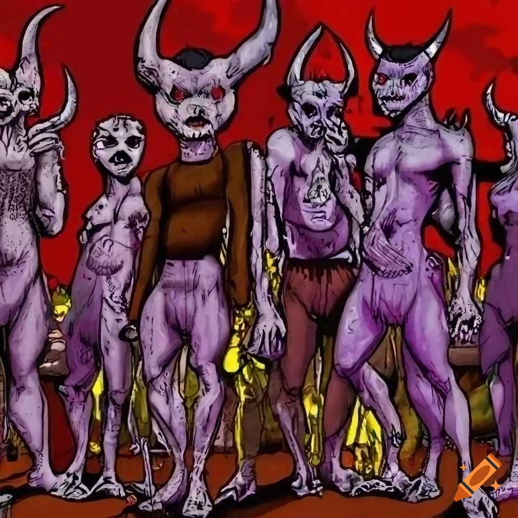 comic-style illustration of a group of horned alien devil hybrids