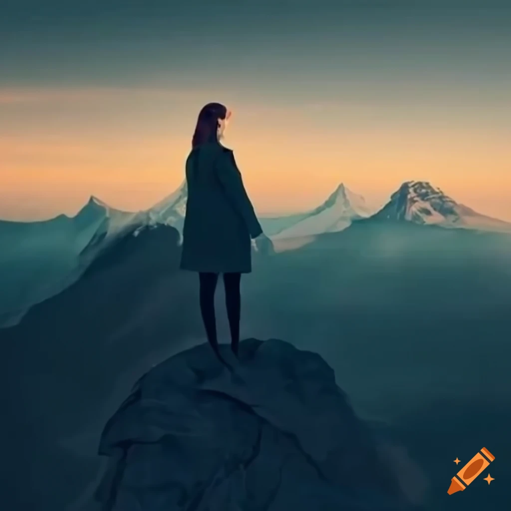 woman in lab coat standing on the top of a mountain