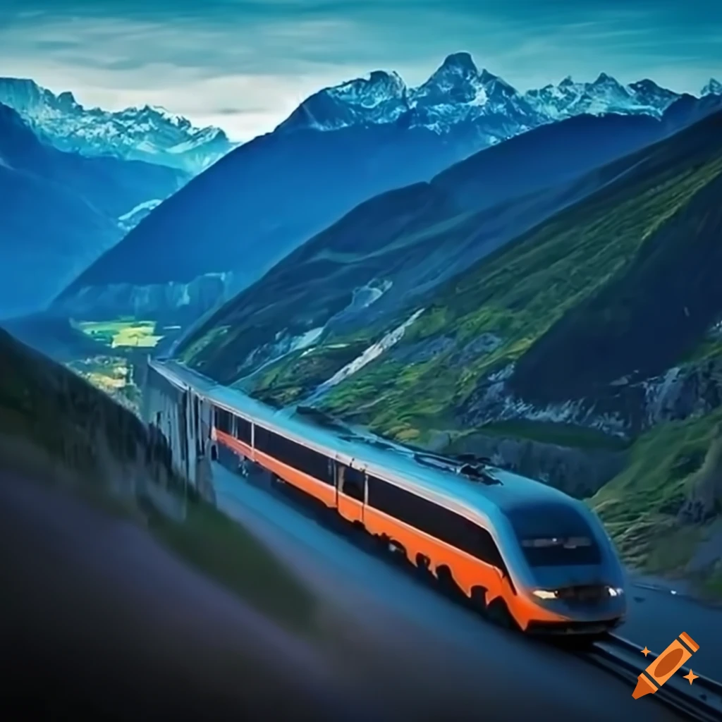 Alpine Trans Train High speed train in alpine valley
