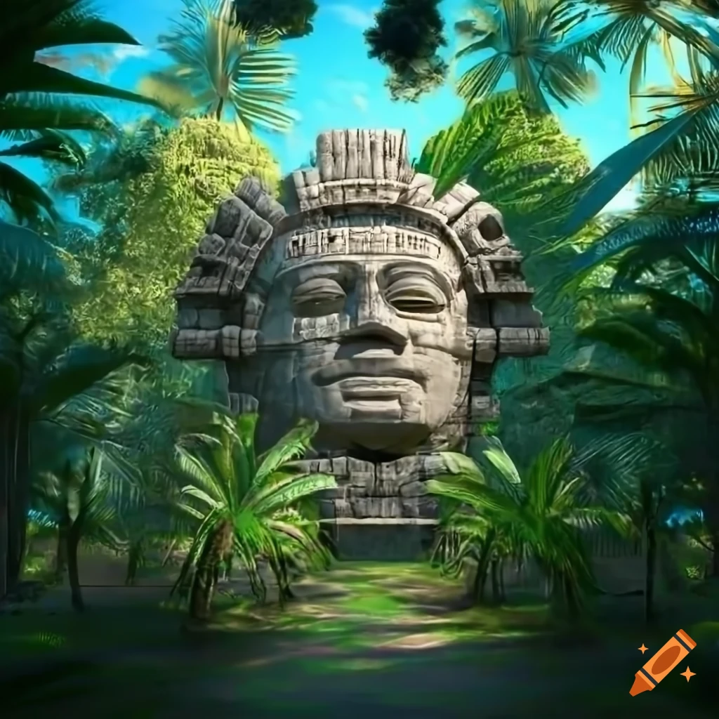 3D rendering of a giant stone Aztec head in a tropical forest