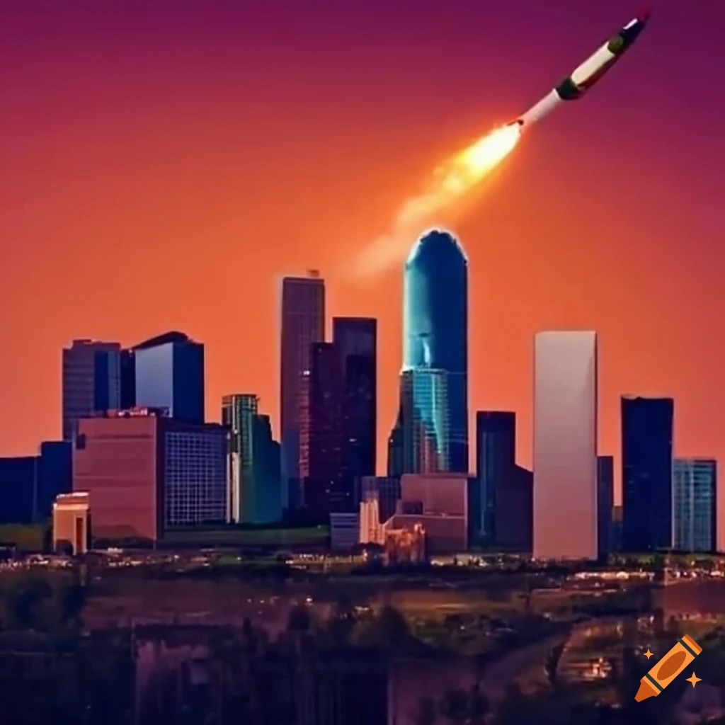 cityscape of Houston with a soaring rocket