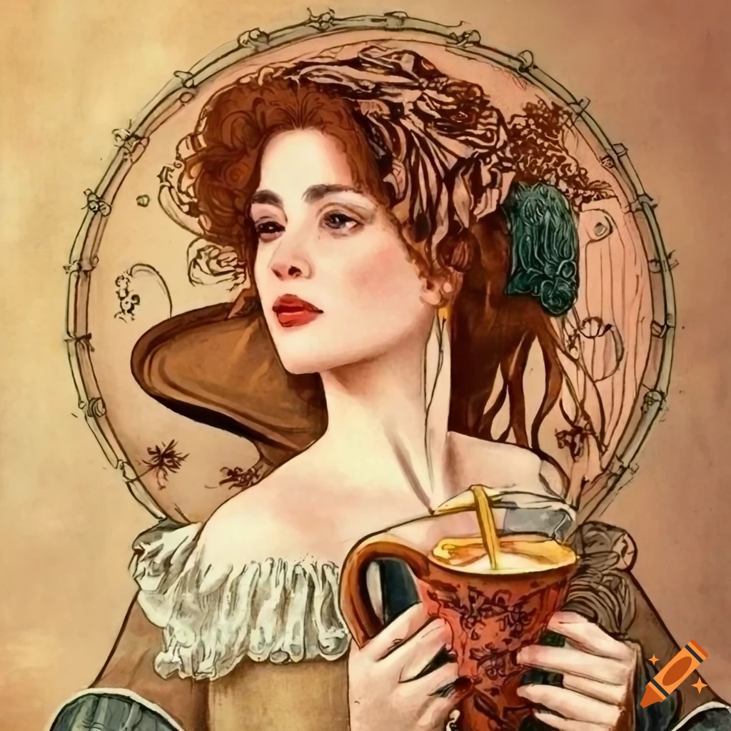 Handdrawn art nouveau poster of two victorian women drinking tea