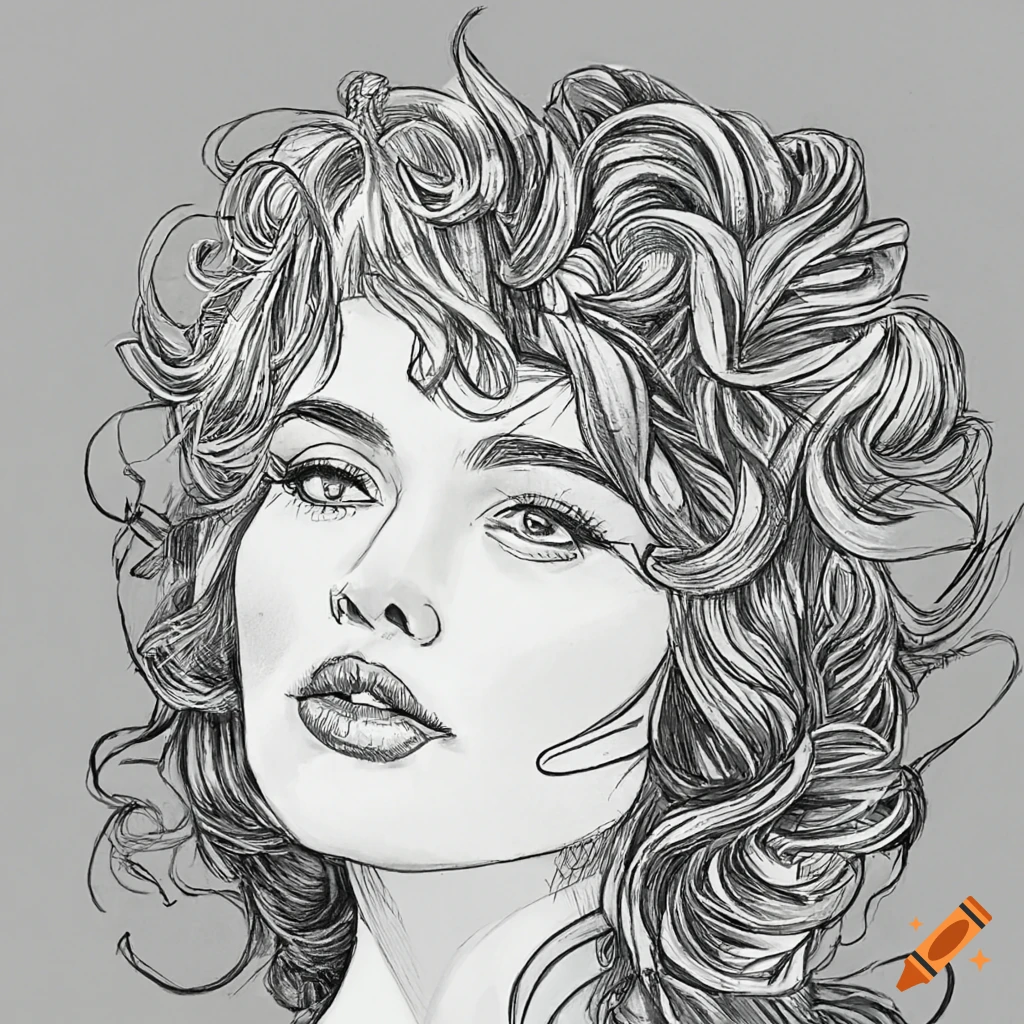 Line-art coloring book page of a beautiful woman
