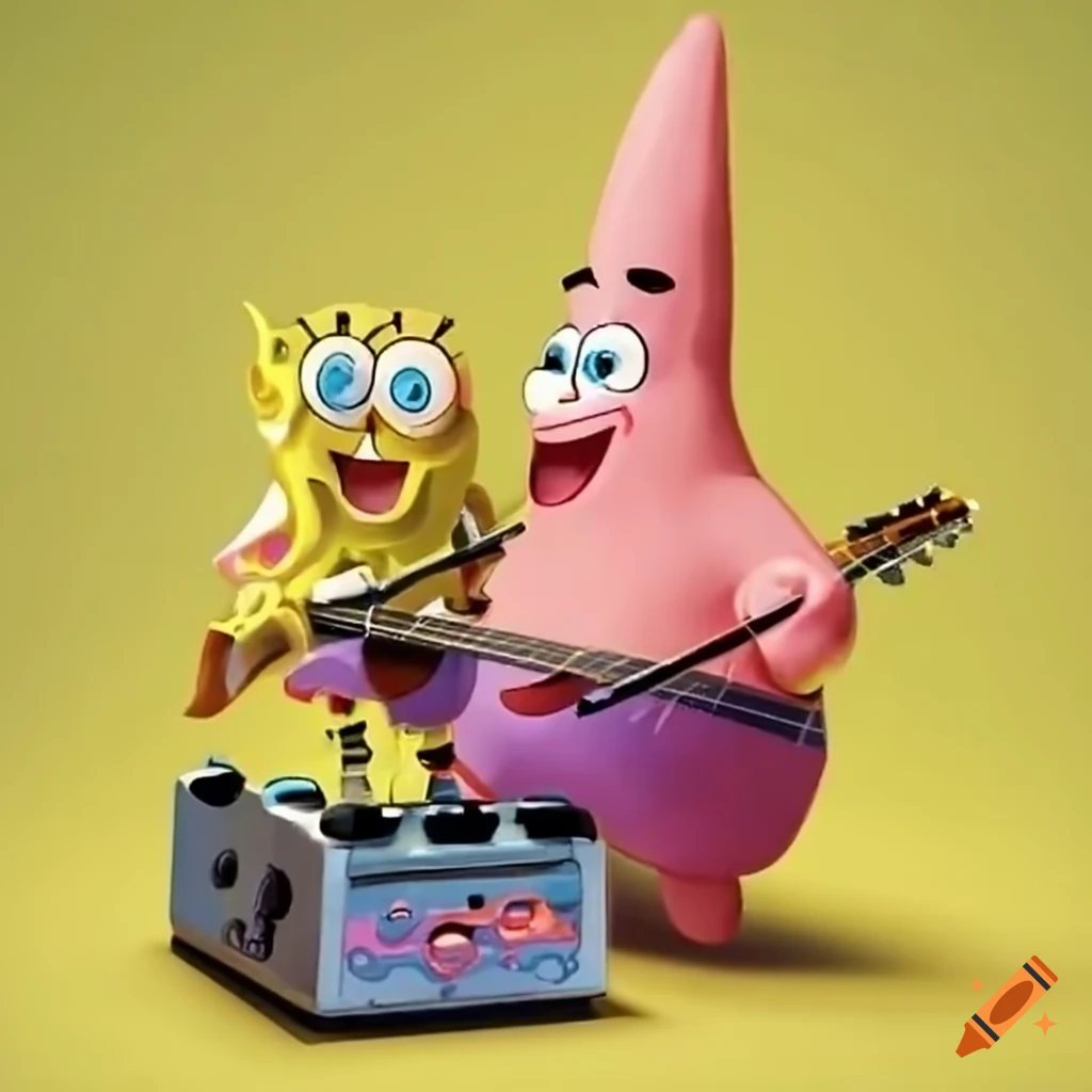 Spongebob and patrick playing with guitar pedals