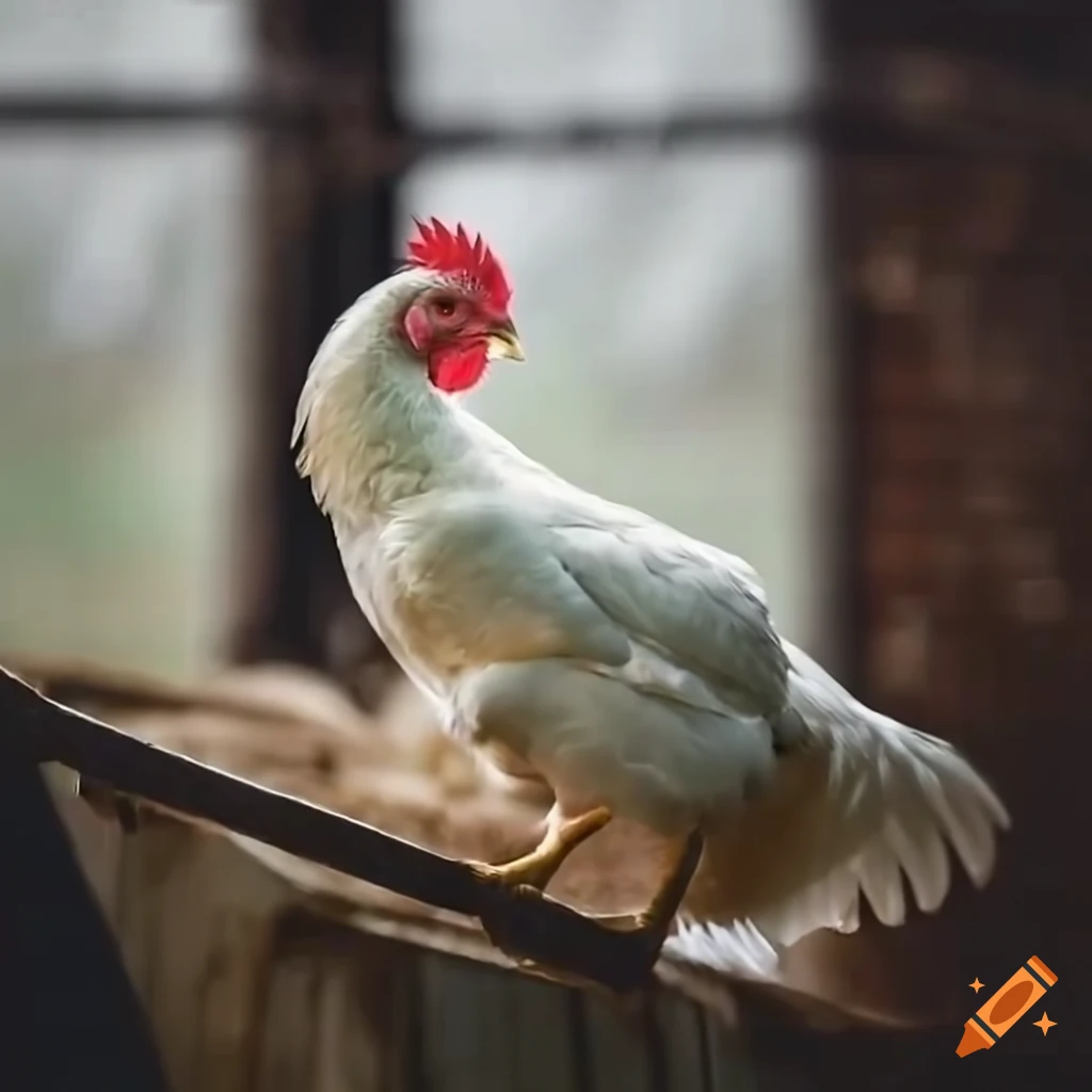 Chickens in a barn with sunlight and rain