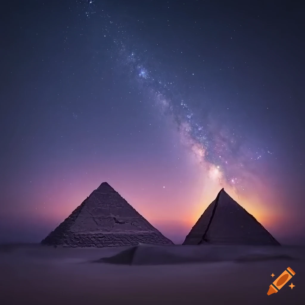 nighttime landscape with pyramids and galaxy sky