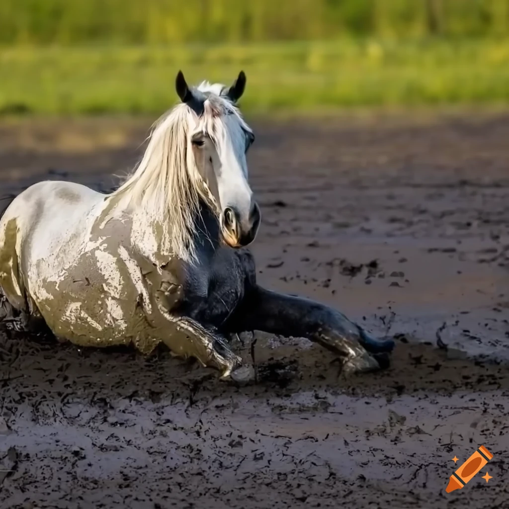 White horse enjoying black mud bath
