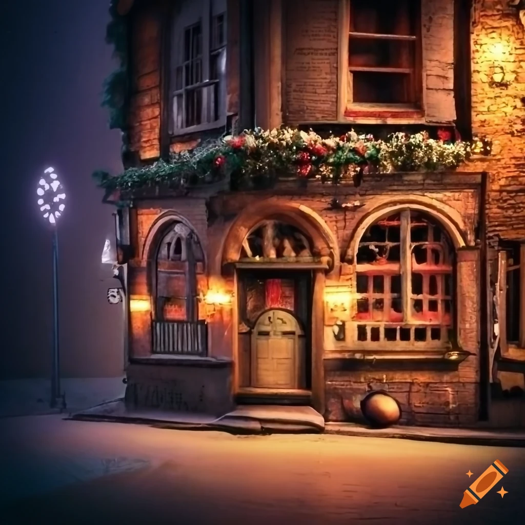old pub with Christmas lights