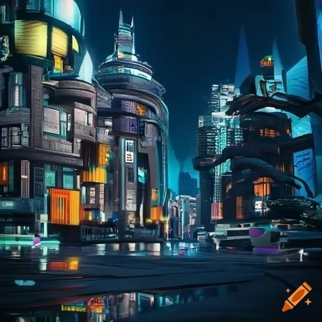 futuristic city in the style of Ratchet and Clank