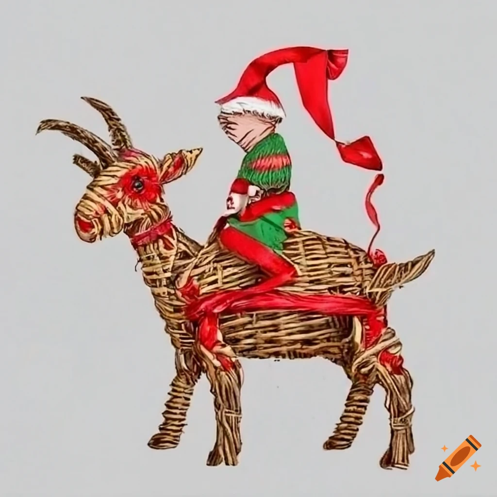 detailed etching of a flaming wicker goat Christmas decoration