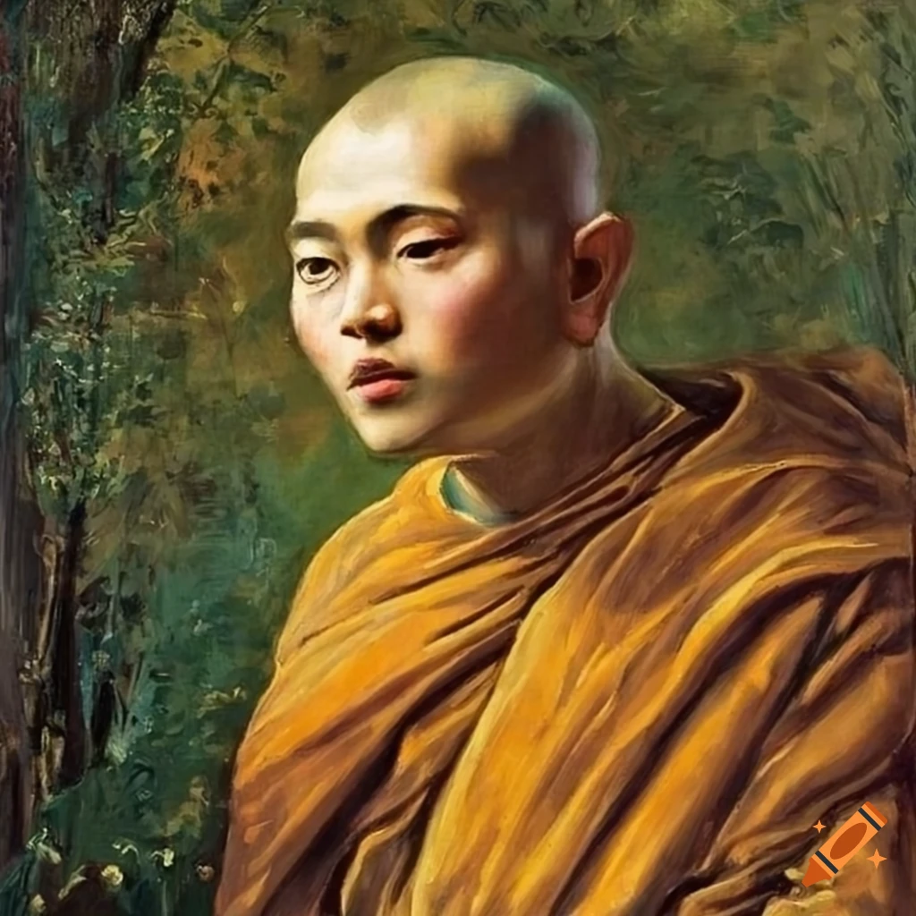 painting of a Buddhist monk inspired by John Everett Millais' Ophelia