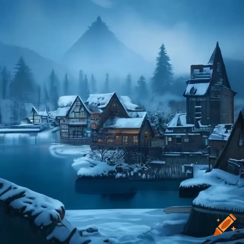 Winter scene of a medieval village surrounded by snow