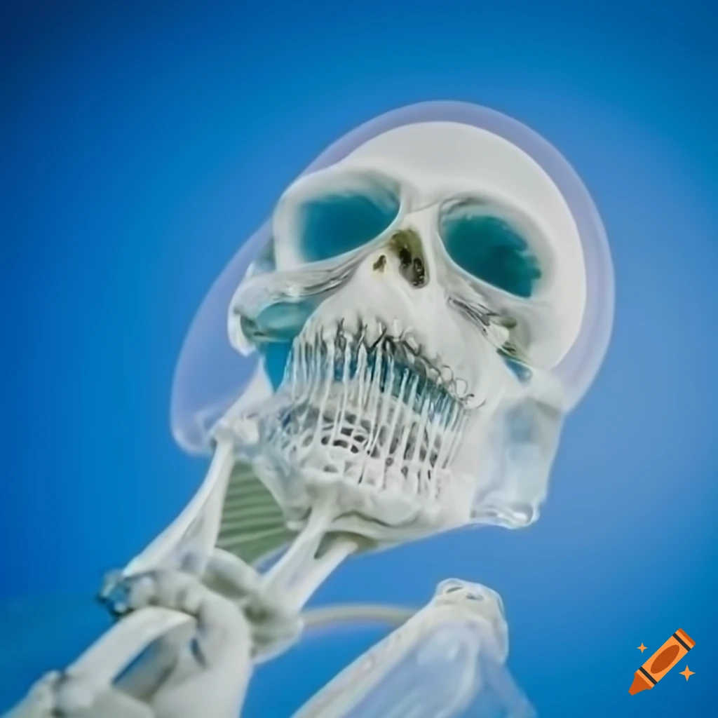 glass skeleton against a bright blue sky