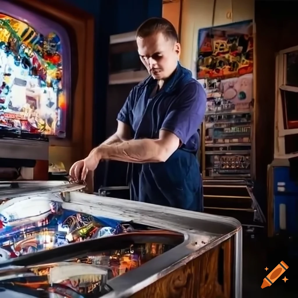skilled technician repairing a vintage pinball machine