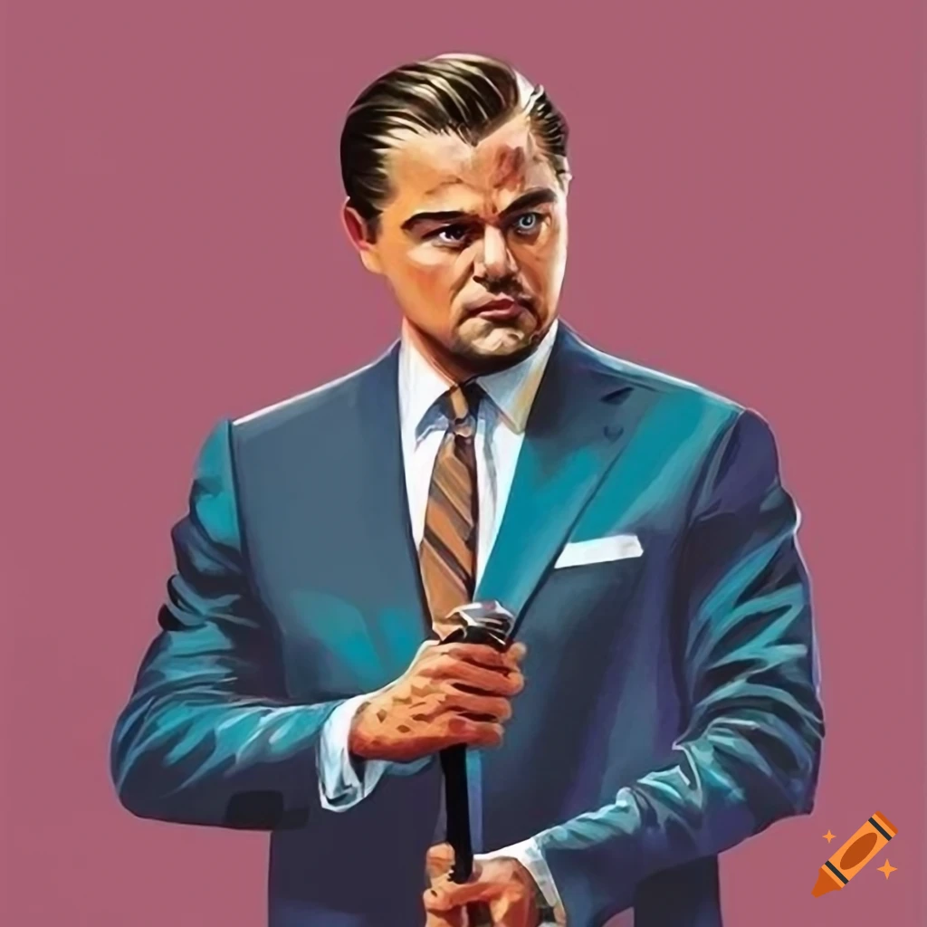 colorful book illustration of Leonardo DiCaprio as Jordan Belfort