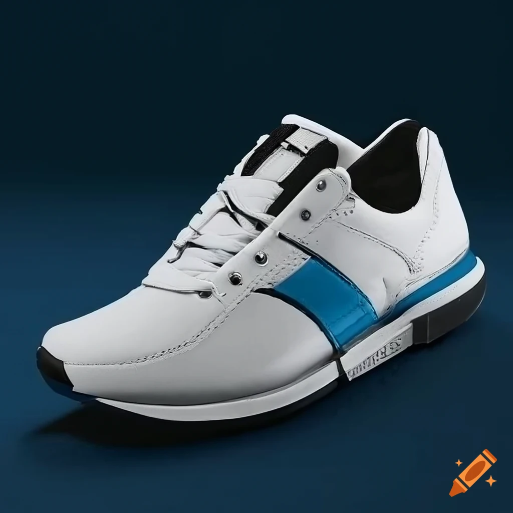 Stylish white leather running shoes with black and blue details