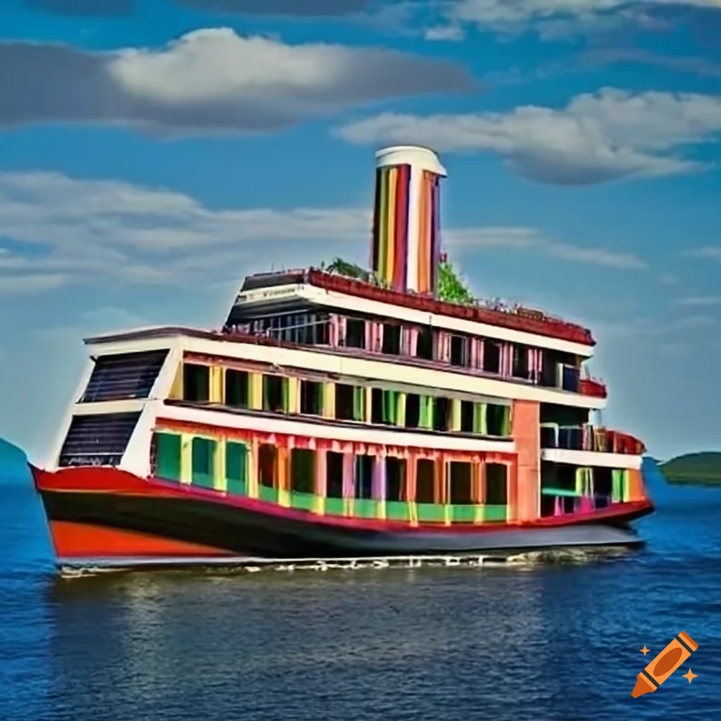 colorful art deco cruise ship with Brazilian carnival vibes