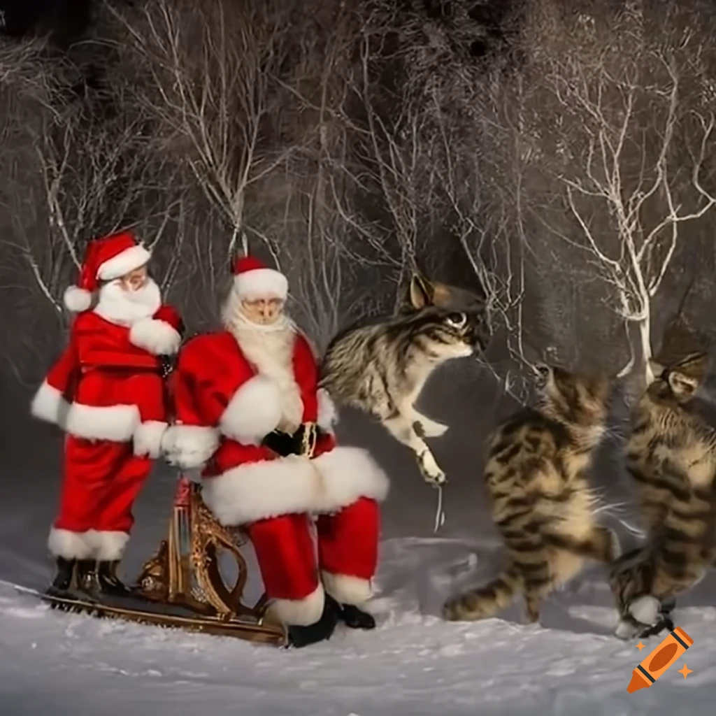 Santa claus riding a cat-drawn sleigh