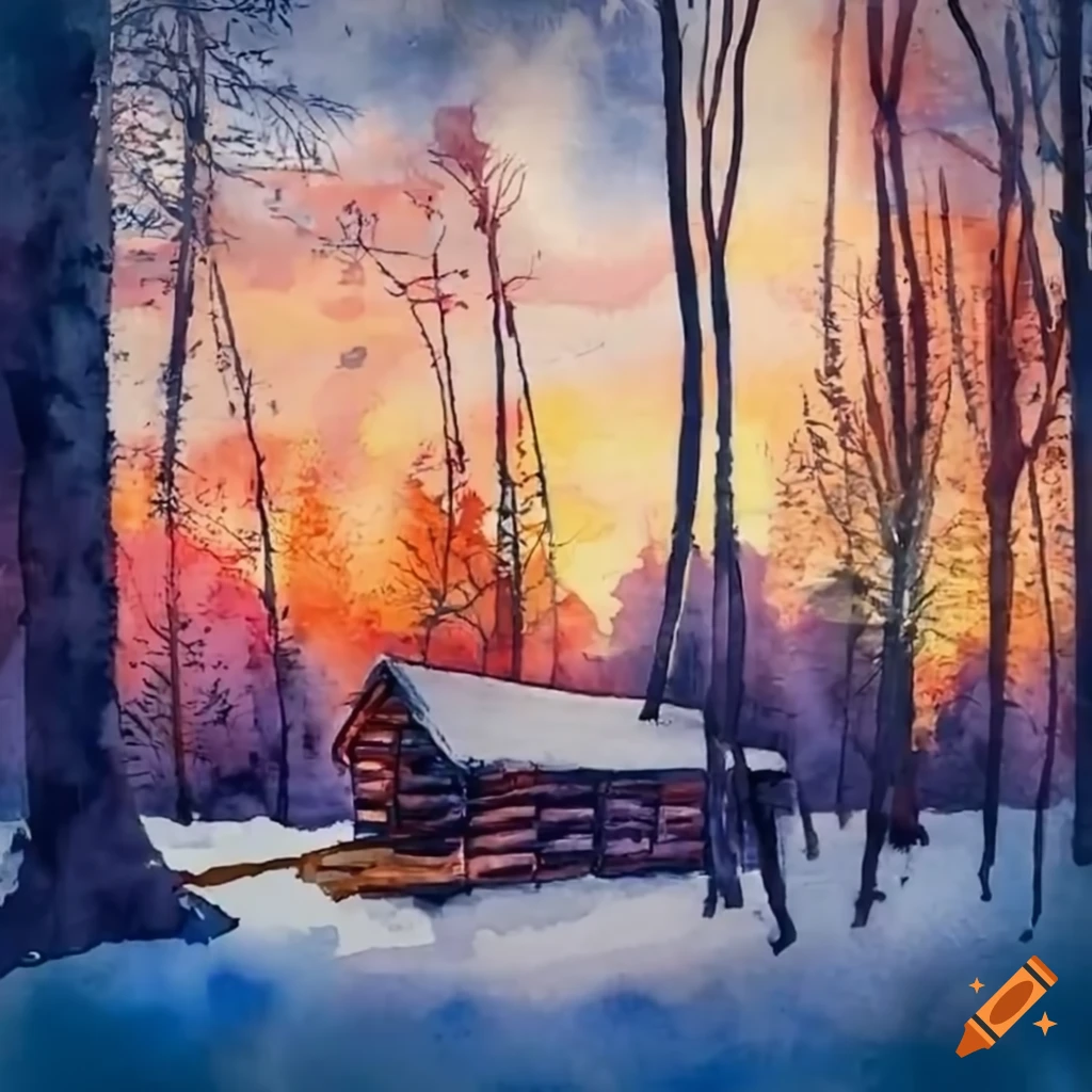 Sunset view of a cozy log cabin in the snowy woods